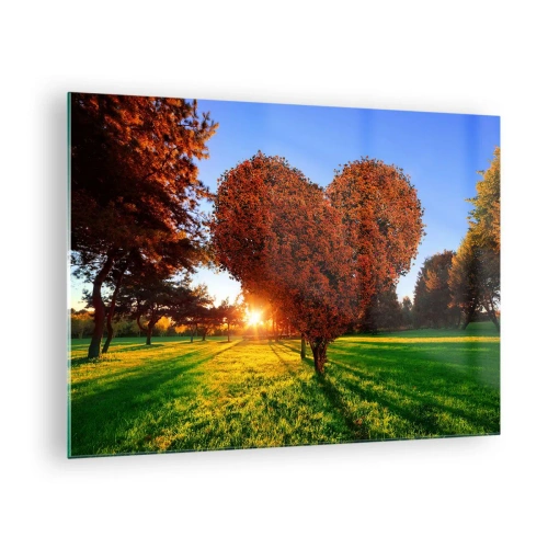 Obraz na szkle - Drzewo w kształcie serca na tle zachodzącego słońca - 70x50cm - I jak nie kochać jesieni - Nowoczesna dekoracja ścienna do salonu i sypialni ARTTOR