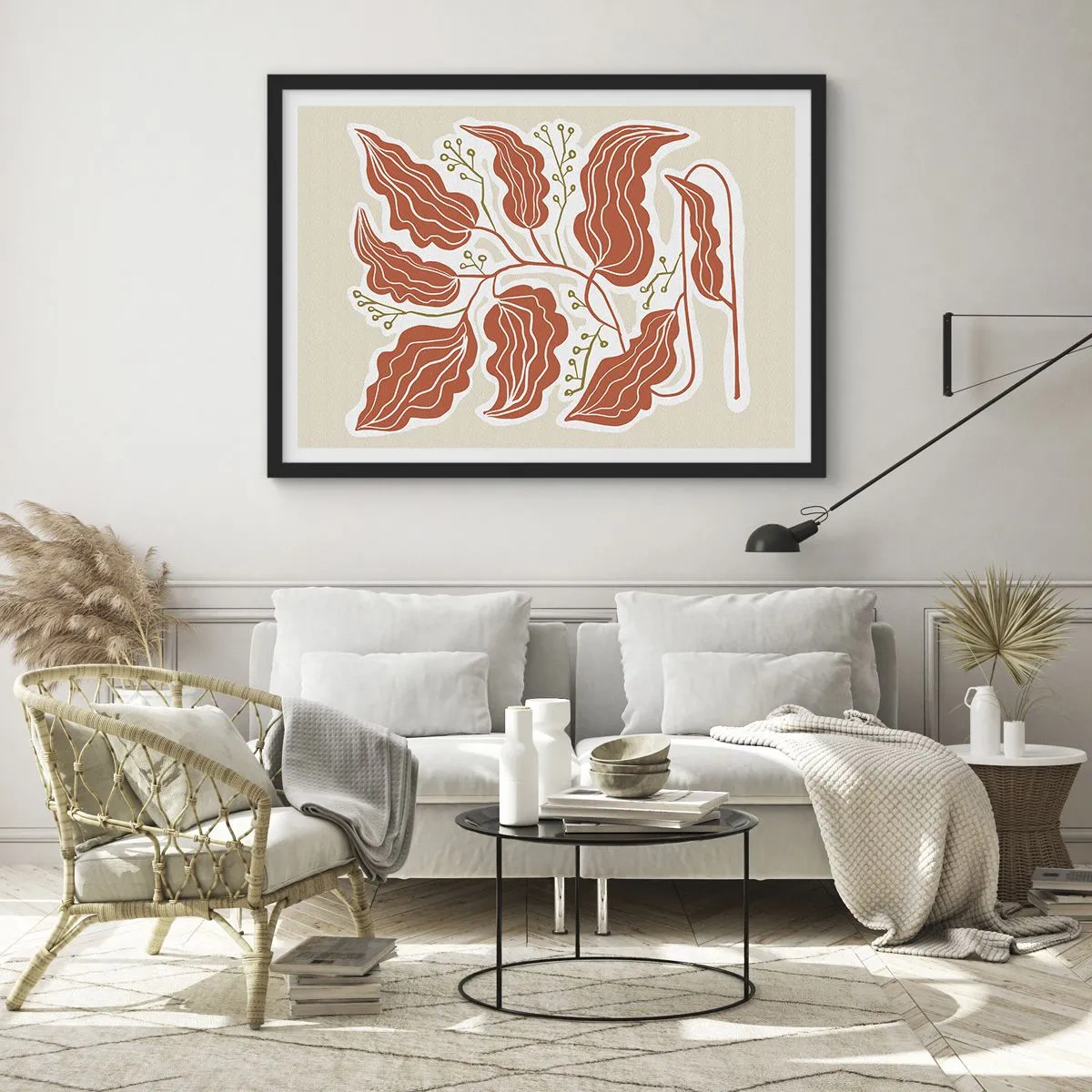 Plakat w czarnej ramie - Minimalistyczny motyw liści w odcieniach pomarańczowego i zielonego - 70x50cm - Ludowo i koralowo - Nowoczesna dekoracja ścienna do salonu i sypialni ARTTOR
