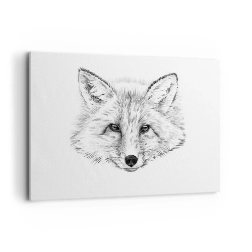 Obraz na płótnie - Czarno-biały rysunek głowy lisa na białym tle - 120x80cm - Czy te oczy mogą kłamać? - Nowoczesna dekoracja ścienna do salonu, kuchni i sypialni ARTTOR