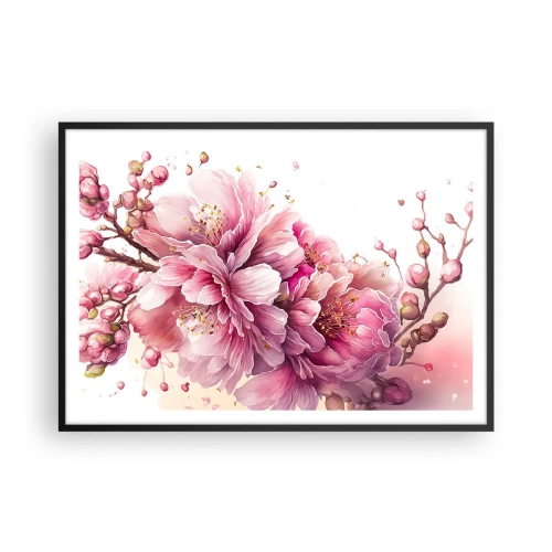 Plakat w czarnej ramie - Delikatne kwiaty wiśni w pełnym rozkwicie na jasnym tle - 100x70cm - Kwiat kwitnącej wiśni - Nowoczesna dekoracja ścienna do salonu i sypialni ARTTOR