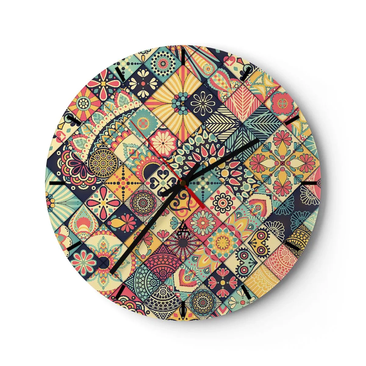 Zegar ścienny - Kolorowy motyw patchworkowy z geometrycznymi wzorami - 30x30cm - Marokańskie klimaty - Nowoczesna dekoracja ścienna do salonu, kuchni i sypialni ARTTOR