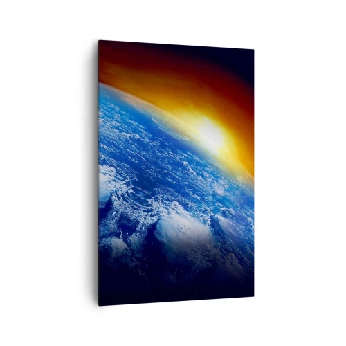Obraz na płótnie - Widok na Ziemię z kosmosu przy zachodzącym słońcu - 80x120cm - Wschód słońca nad błękitną planetą - Nowoczesna dekoracja ścienna do salonu i sypialni ARTTOR