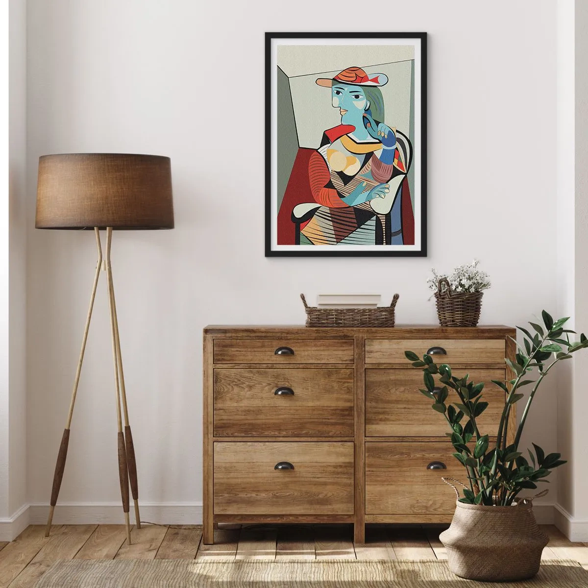 Plakat w czarnej ramie - Kubistyczny portret kobiety w kapeluszu - 50x70cm - Oczami Picassa - Nowoczesna dekoracja ścienna do salonu i sypialni ARTTOR