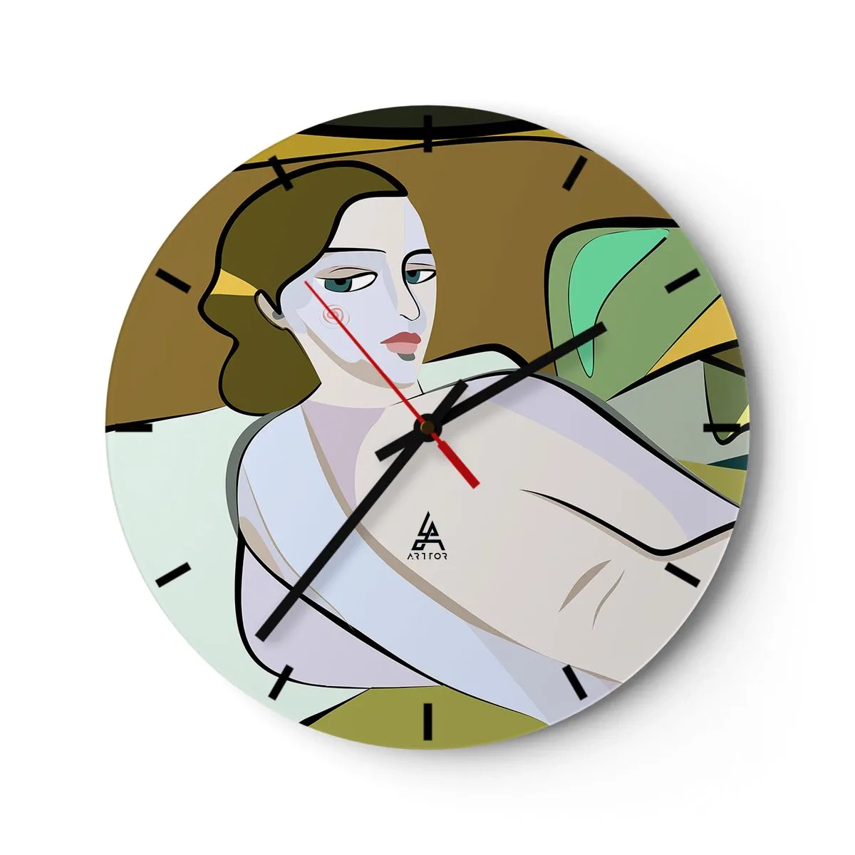 Zegar ścienny - Kobieca postać w stylu kubistycznym na tle abstrakcji - 30x30cm - Portret intymny - Nowoczesna dekoracja ścienna do salonu, kuchni i sypialni ARTTOR