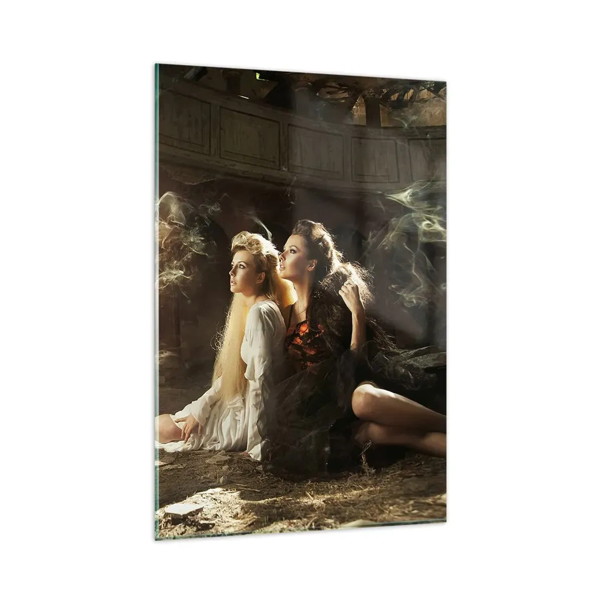 Obraz na szkle - Dwie kobiety w magicznej scenerii z eterycznymi efektami świetlnymi - 80x120cm - I stała się poezja - Nowoczesna dekoracja ścienna do salonu i sypialni ARTTOR