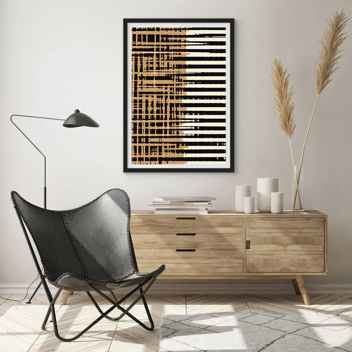 Plakat w czarnej ramie - Geometryczny wzór z liniami i ciepłymi barwami - 50x70cm - Architektoniczna abstrakcja - Nowoczesna dekoracja ścienna do salonu i sypialni ARTTOR