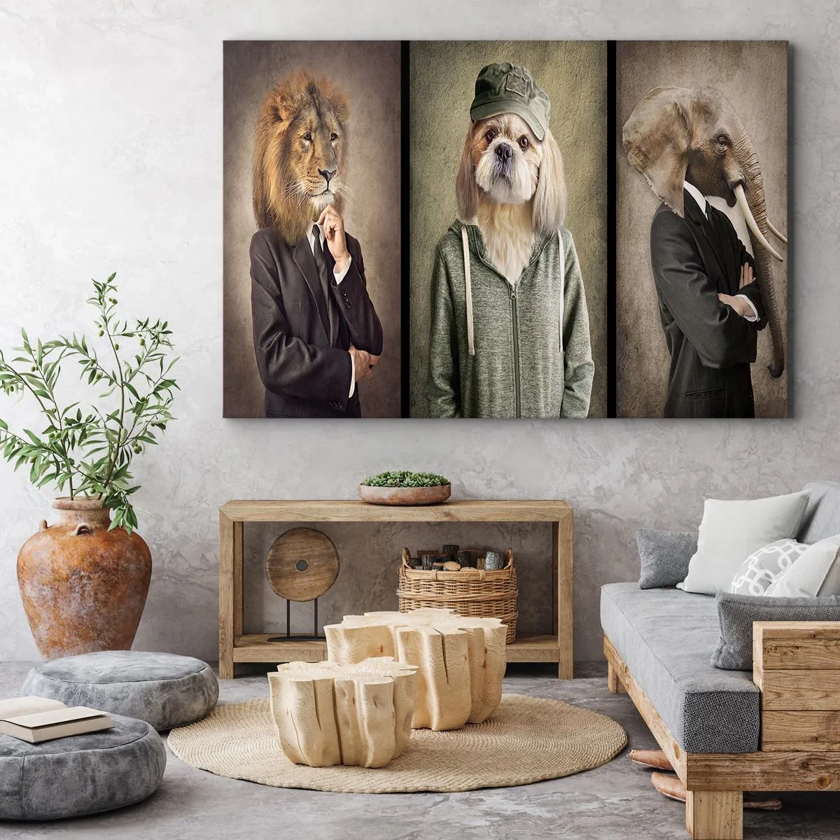 Obraz na płótnie - Wolę luzik - Stylizowane portrety lwa, psa i słonia w eleganckich ubraniach - 70x50cm