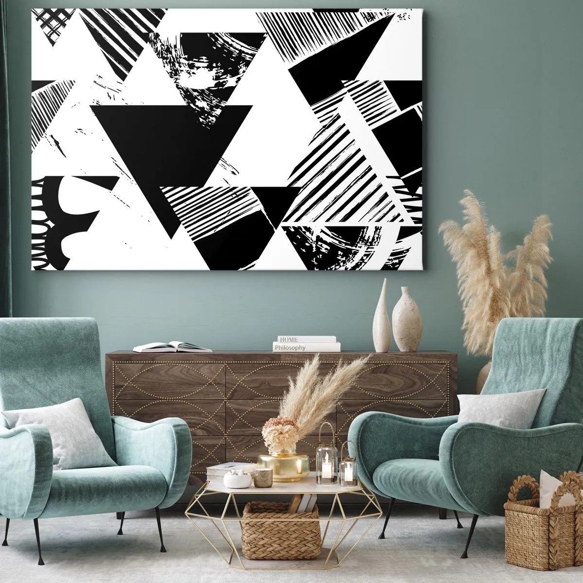 Obraz na płótnie - Geometryczne wzory w czarno-białej minimalistycznej formie - 100x70cm - Deszcz trójkątów - Nowoczesna dekoracja ścienna do salonu, kuchni i sypialni ARTTOR