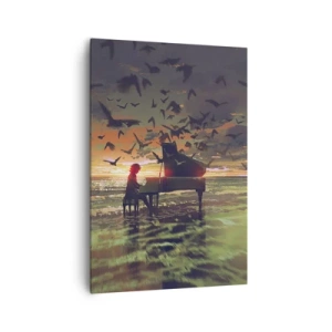 Obraz na płótnie - Pianino na brzegu morza przy zachodzie słońca z ptakami - 70x100cm - Koncert na fortepian i fale - Nowoczesna dekoracja ścienna do salonu i sypialni ARTTOR