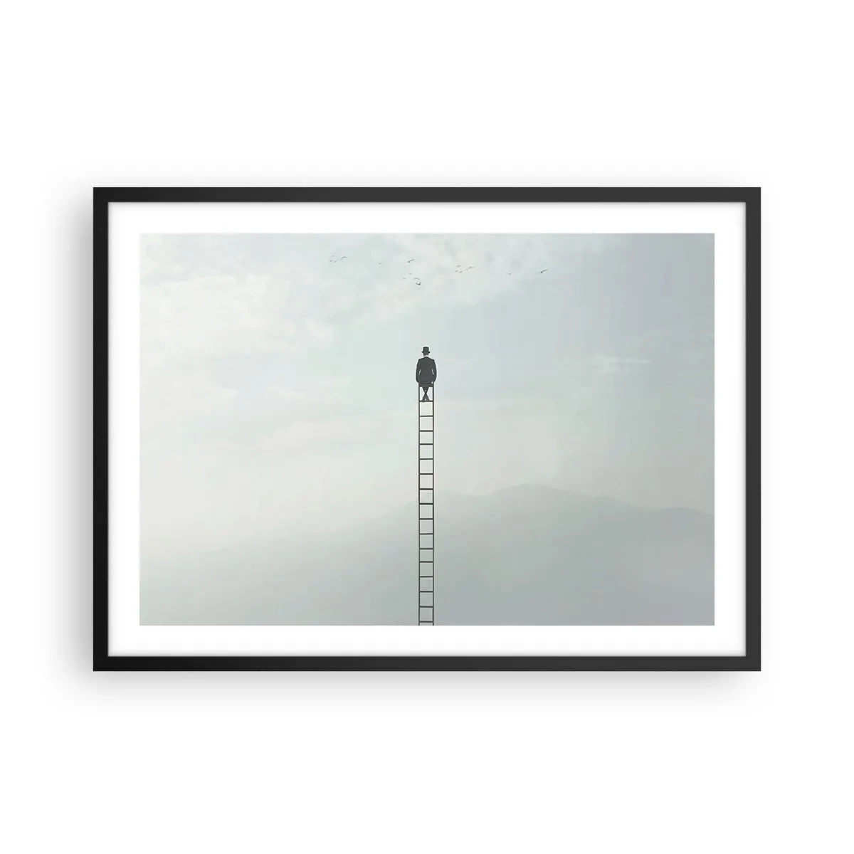 Plakat w czarnej ramie - Mężczyzna na drabinie wznoszącej się w niebo - 70x50cm - Wznieś się ponadto - Nowoczesna dekoracja ścienna do salonu i sypialni ARTTOR
