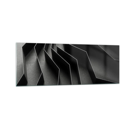 Obraz na szkle - Czarno-biała abstrakcja z geometrycznymi strukturami - 140x50cm - Przestrzenny porządek - Nowoczesna dekoracja ścienna do salonu i sypialni ARTTOR