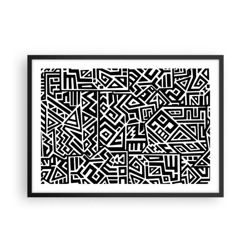 Plakat w czarnej ramie - Czarno-białe geometryczne wzory inspirowane kulturą prekolumbijską - 70x50cm - Kompozycja prekolumbijska - Nowoczesna dekoracja ścienna do salonu i sypialni ARTTOR
