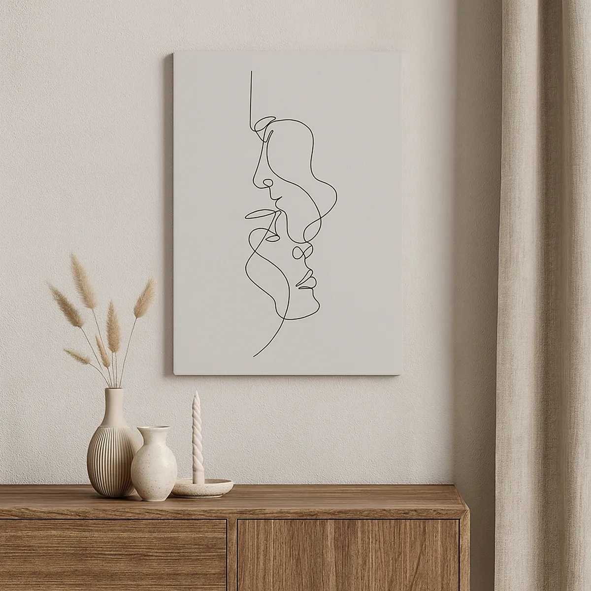 Obraz na płótnie - Minimalistyczna ilustracja dwóch twarzy w stylu line art - 50x70cm - Żar rzewnych żądz - Nowoczesna dekoracja ścienna do salonu, kuchni i sypialni ARTTOR