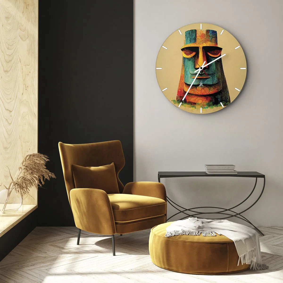 Zegar ścienny - Kolorowy portret kamiennego posągu na beżowym tle - 30x30cm - Posągowy, a sympatyczny - Nowoczesna dekoracja ścienna do salonu, kuchni i sypialni ARTTOR