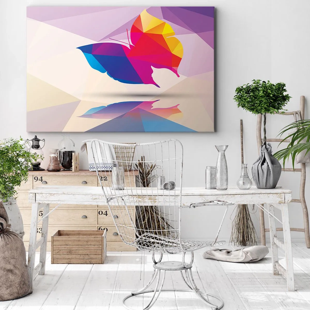 Obraz na płótnie - Geometryczna sylwetka motyla w żywych kolorach - 70x50cm - Motyla tęcza - Nowoczesna dekoracja ścienna do salonu i sypialni ARTTOR