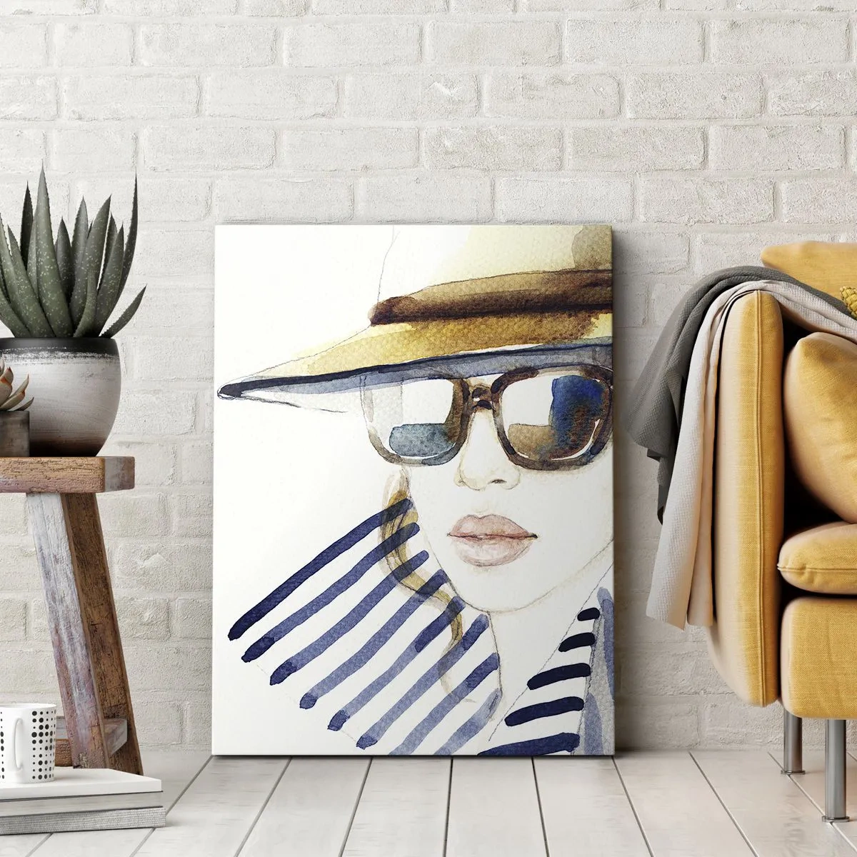 Obraz na płótnie - Stylowa kobieta w kapeluszu i okularach przeciwsłonecznych, akwarela - 50x70cm - Floryda wita! - Nowoczesna dekoracja ścienna do salonu, kuchni i sypialni ARTTOR