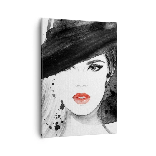 Obraz na płótnie - Stylowa kobieta w czarnym kapeluszu i czerwonych ustach - 50x70cm - Dama w czerni - Nowoczesna dekoracja ścienna do salonu, kuchni i sypialni ARTTOR
