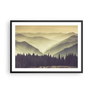 Plakat w czarnej ramie - Malownicze pasma górskie otulone mgłą w ciepłym świetle - 70x50cm - Za siedmioma górami… - Nowoczesna dekoracja ścienna do salonu i sypialni ARTTOR