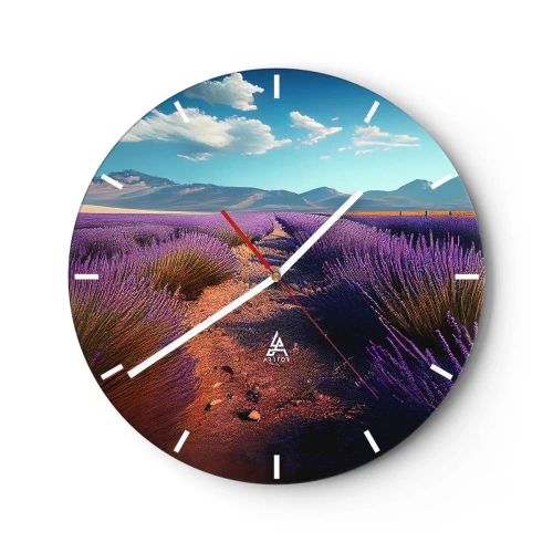 Zegar ścienny - Lawendowe pole z górskim pejzażem w tle - 30x30cm - Pachnące pola - Nowoczesna dekoracja ścienna do salonu, kuchni i sypialni ARTTOR