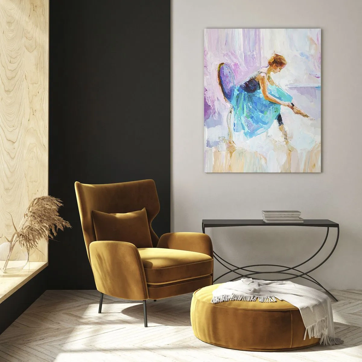 Obraz na szkle - Baletnica w błękitnej sukni na tle impresjonistycznym - 50x70cm - Niewysłowiony wdzięk, subtelny czar - Nowoczesna dekoracja ścienna do salonu, kuchni i sypialni ARTTOR