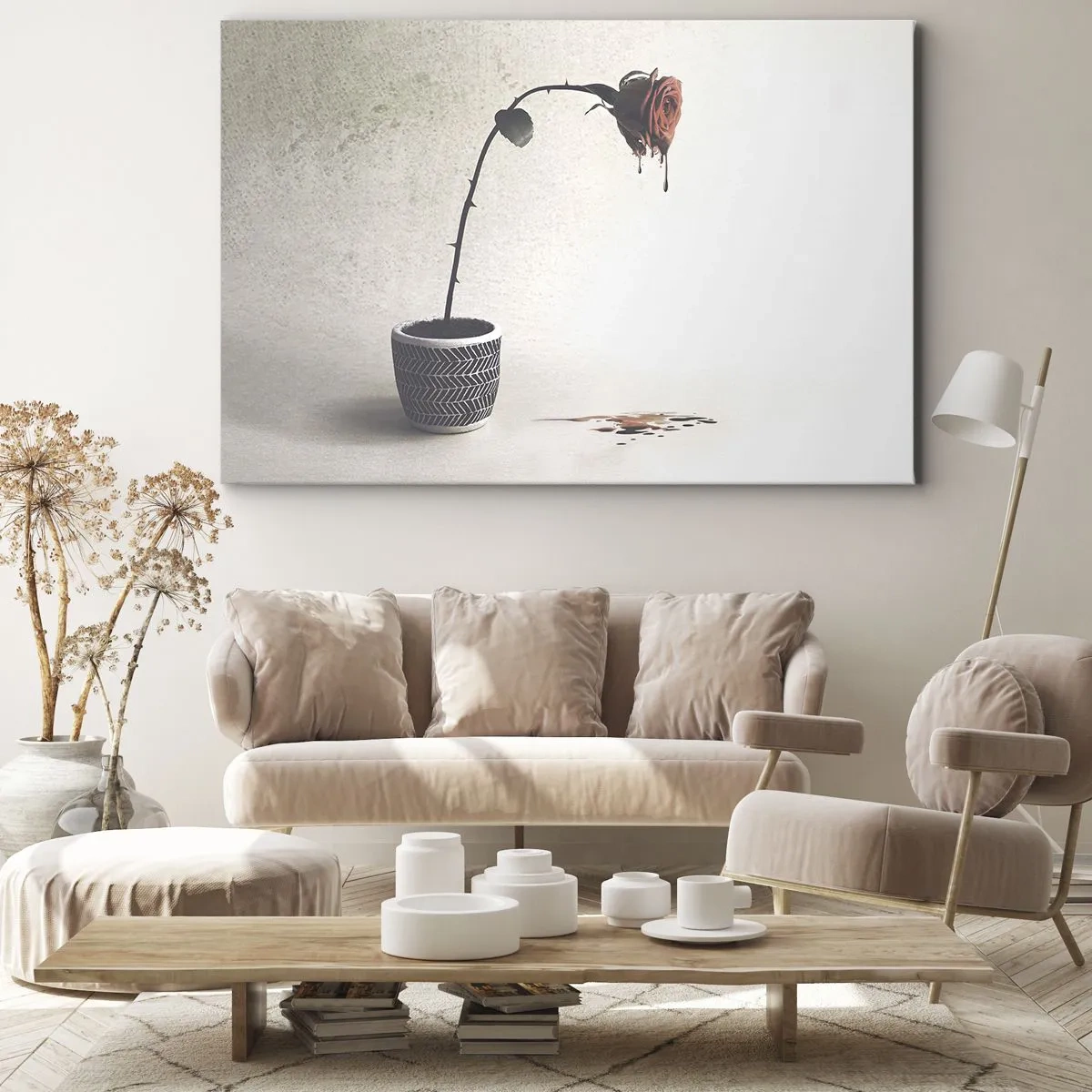 Obraz na płótnie - Czerwona róża w doniczce z kroplami barwnika na białym tle - 70x50cm - Rosa dolorosa - Nowoczesna dekoracja ścienna do salonu i sypialni ARTTOR