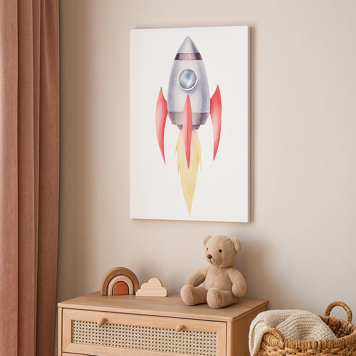 Obraz na płótnie - Akwarelowa rakieta kosmiczna z czerwonymi skrzydłami i płomieniem - 50x70cm - Wyżej, prędzej, dalej - Nowoczesna dekoracja ścienna do salonu, kuchni i sypialni ARTTOR
