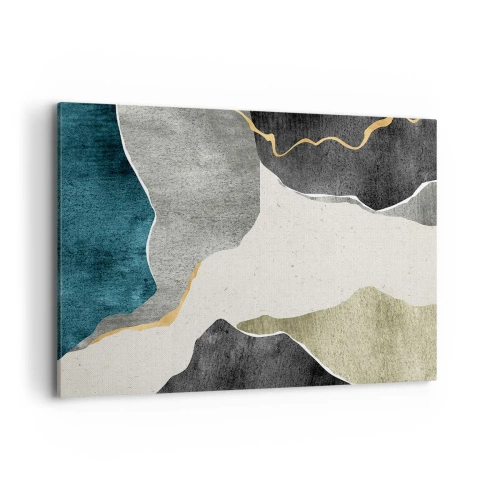 Obraz na płótnie - Geometryczne formy w odcieniach szarości, zieleni i złota - 120x80cm - Mozaikowa kompozycja z nitką złota - Nowoczesna dekoracja ścienna do salonu, kuchni i sypialni ARTTOR