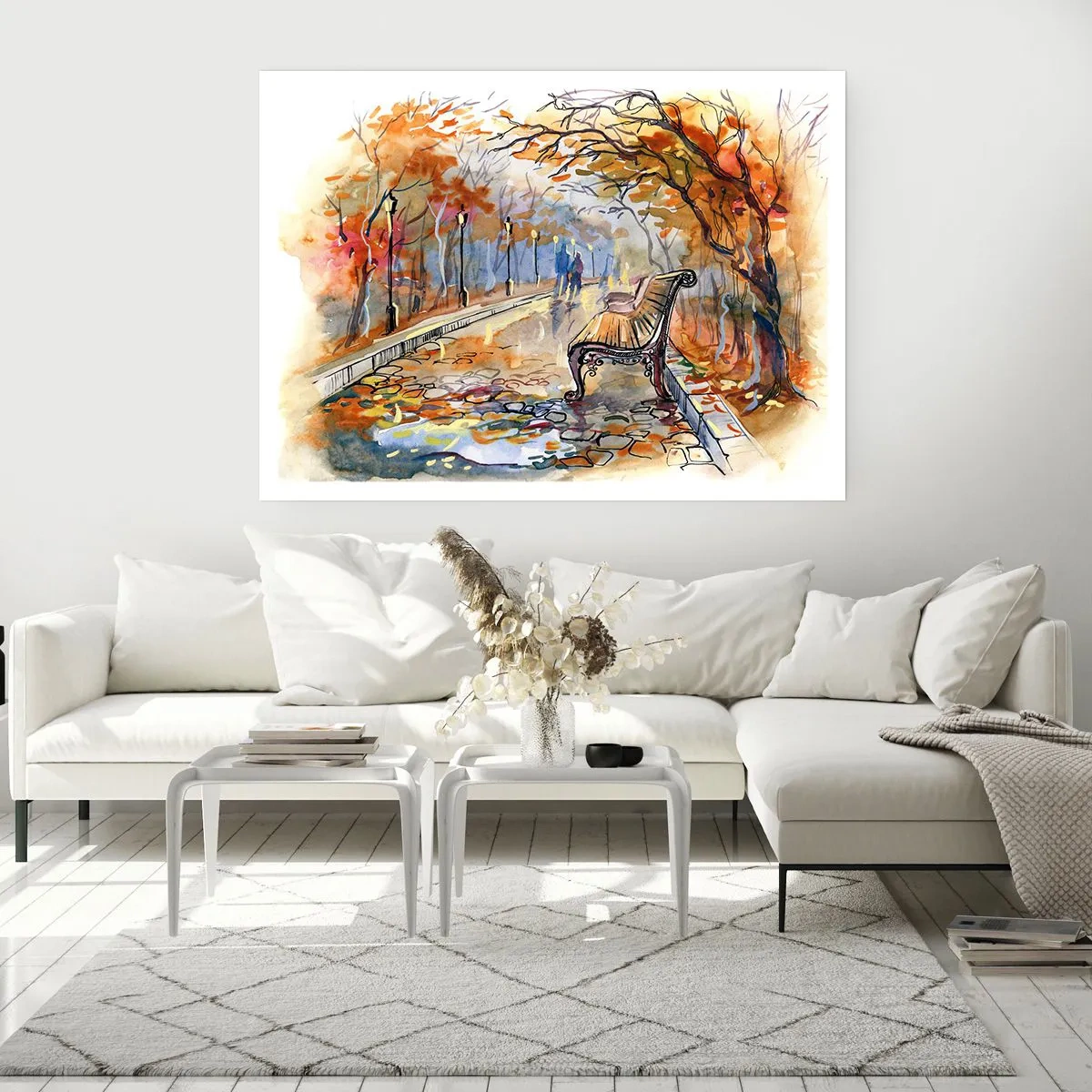 Plakat - Jesienny park z ławką w akwarelowym ujęciu - 100x70cm - Razem powędrować w jesień - Nowoczesna dekoracja ścienna do salonu i sypialni ARTTOR