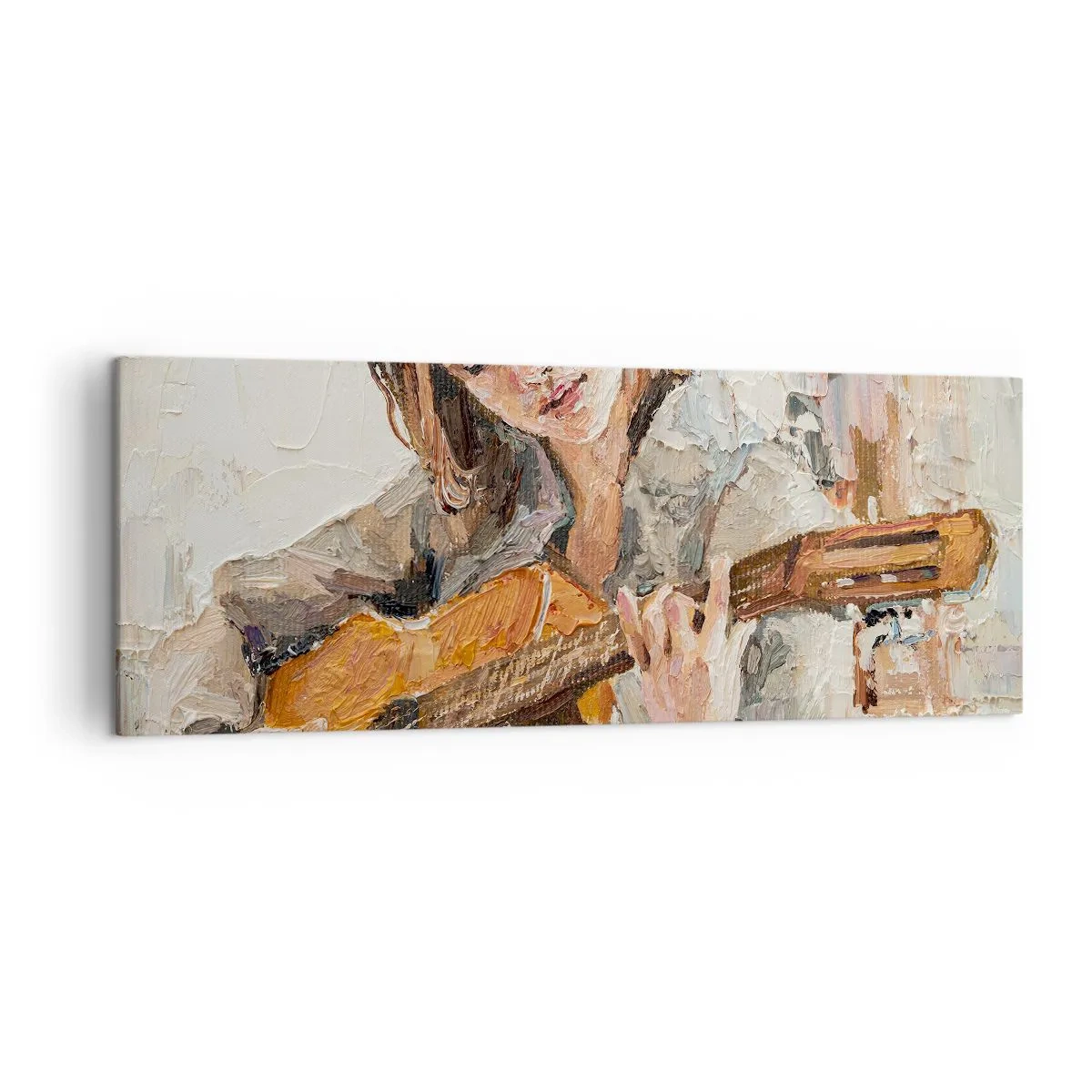 Obraz na płótnie - Portret dziewczyny grającej na gitarze w malarskim stylu z ciepłymi barwami - 140x50cm - Koncert na gitarę i dziewczęce serce - Nowoczesna dekoracja ścienna do salonu i sypialni ARTTOR
