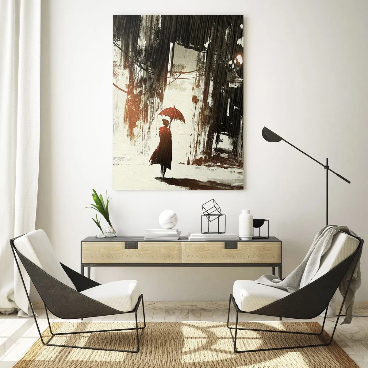 Obraz na szkle - Osoba z czerwonym parasolem w deszczu na tle ciemnego miasta - 50x70cm - Poezja czerwonego parasola - Nowoczesna dekoracja ścienna do salonu, kuchni i sypialni ARTTOR