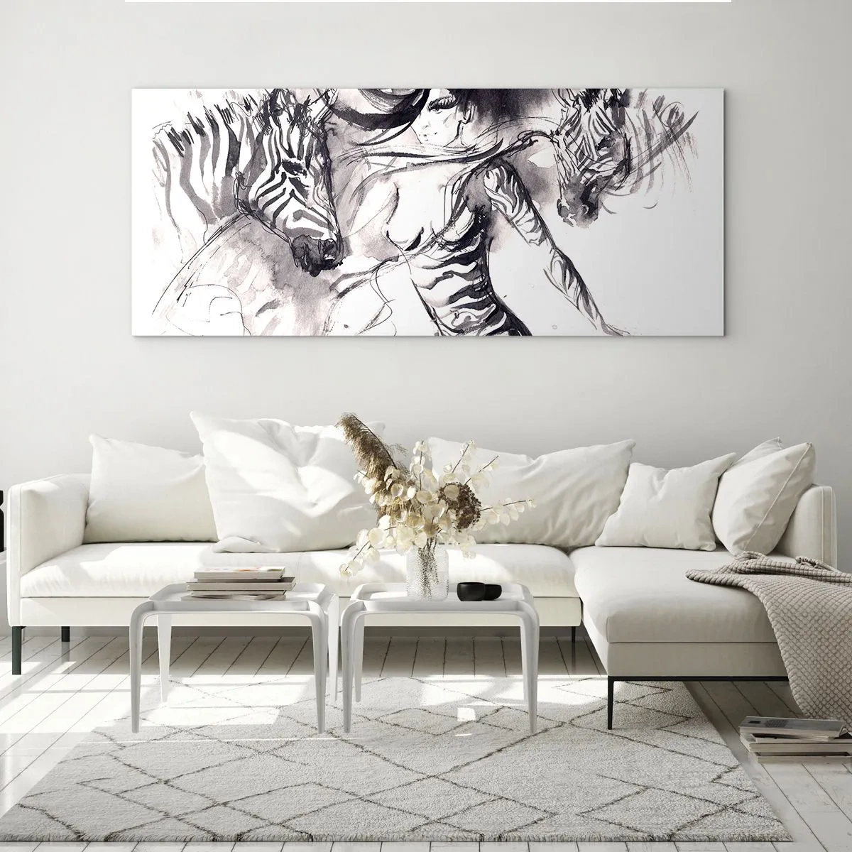 Obraz na szkle - Tańcząca z zebrami - 90x30 cm