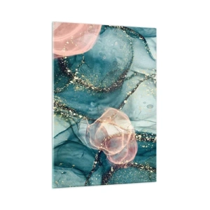 Obraz na szkle - Abstrakcyjne kształty w błękicie i różu ze złotymi detalami - 50x70cm - Jedwabny błękit, tiulowy róż - Nowoczesna dekoracja ścienna do salonu, kuchni i sypialni ARTTOR