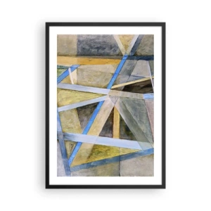 Plakat w czarnej ramie - Geometryczna abstrakcja z odcieniami niebieskiego i złotego - 50x70cm - Na wprost czy na skos? - Nowoczesna dekoracja ścienna do salonu i sypialni ARTTOR