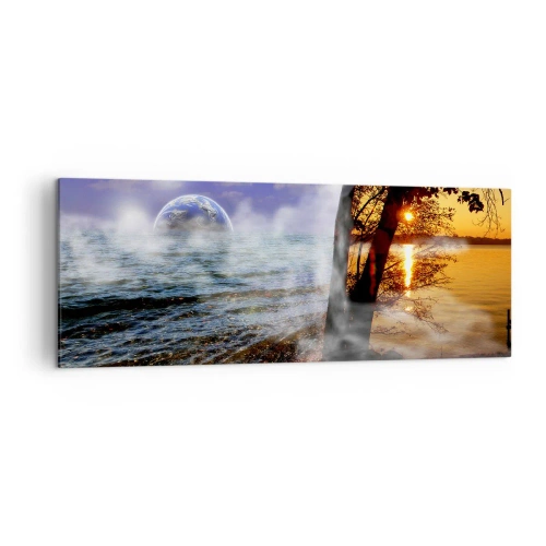 Obraz na płótnie - Fantastyczny krajobraz z morzem, drzewem i zachodem słońca. - 140x50cm - Pejzaż surrealistyczny - jedność natury - Nowoczesna dekoracja ścienna do salonu i sypialni ARTTOR
