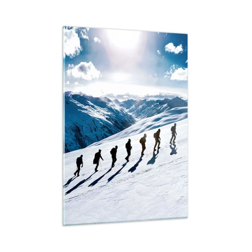 Obraz na szkle - Wspinaczka grupowa na ośnieżonym stoku w górach - 50x70cm - Drużyna zdobywców - Nowoczesna dekoracja ścienna do salonu, kuchni i sypialni ARTTOR