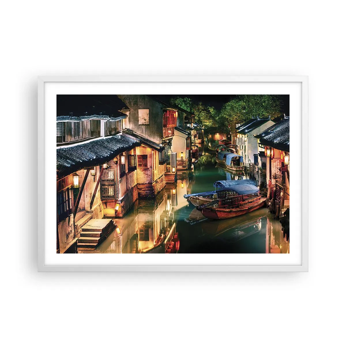 Plakat w białej ramie - Wieczór na chińskiej ulicy - 70x50 cm