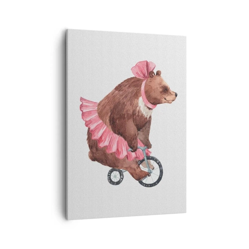 Obraz na płótnie - Ilustracja niedźwiedzia w różowej spódniczce jadącego na rowerku - 50x70cm - Ale cyrk! - Nowoczesna dekoracja ścienna do salonu, kuchni i sypialni ARTTOR