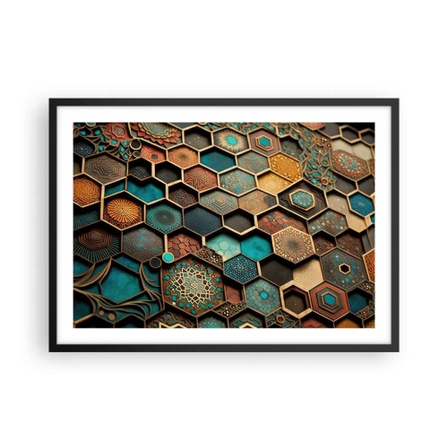 Plakat w czarnej ramie - Kolorowe ornamenty w sześciokątnych wzorach - 70x50cm - Arabskie ornamenty – wariacja - Nowoczesna dekoracja ścienna do salonu i sypialni ARTTOR