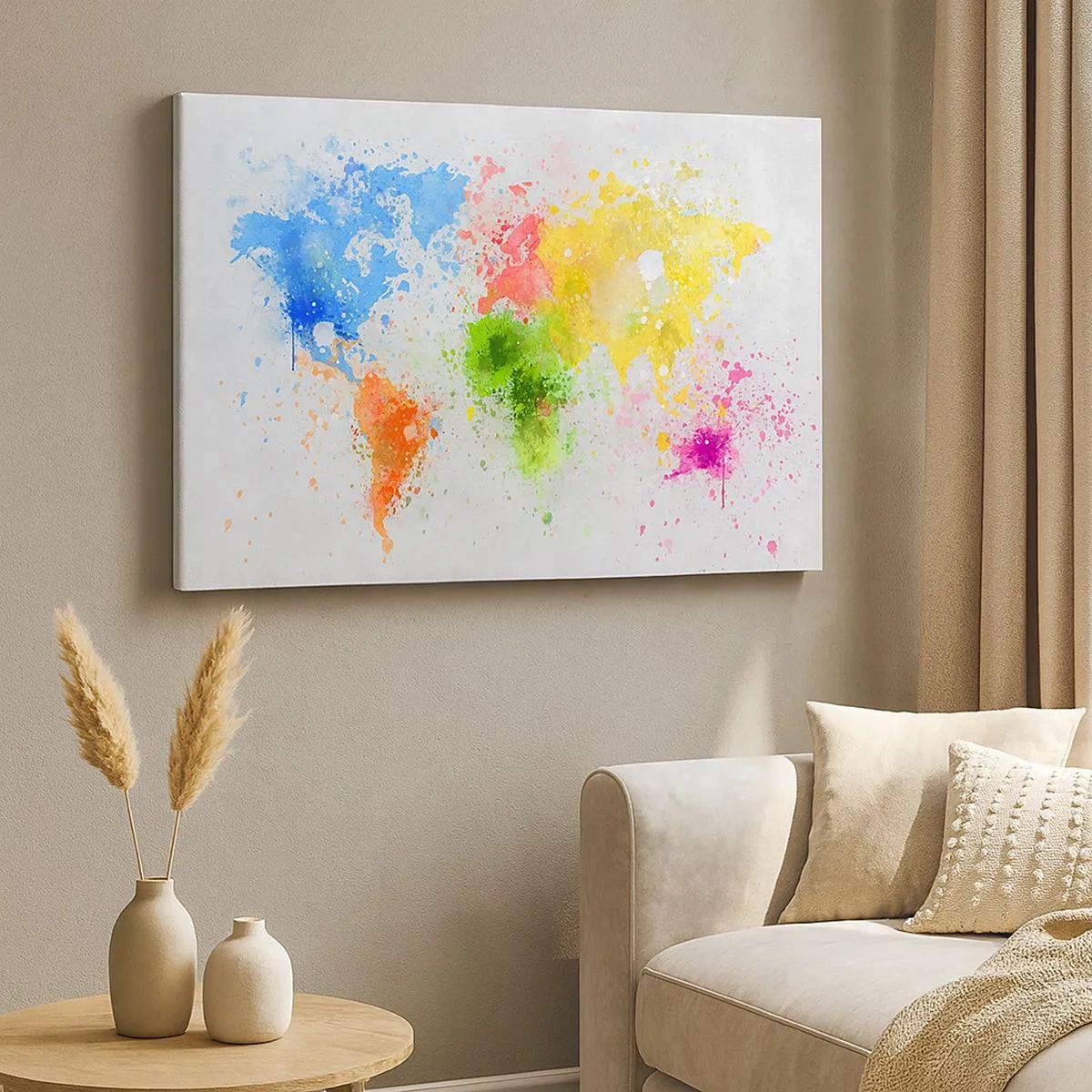 Obraz na płótnie - Mapa świata w kolorowej akwarelowej interpretacji - 70x50cm - Wszystkie barwy świata - Nowoczesna dekoracja ścienna do salonu i sypialni ARTTOR