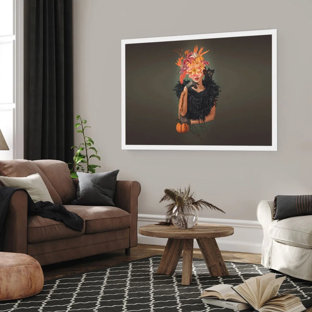 Plakat - Portret kobiety z jesiennymi motywami i kotem - 100x70cm - Czar wiedźmy - Nowoczesna dekoracja ścienna do salonu i sypialni ARTTOR