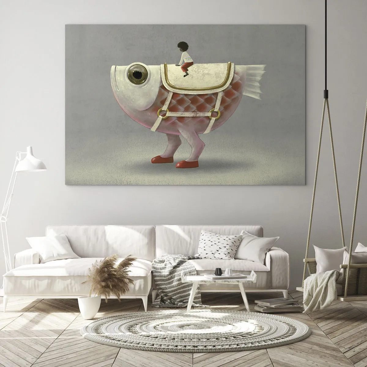 Obraz na szkle - Postać jadąca na różowej rybie z nogami i siodłem - 70x50cm - Ryboński jeździec - Nowoczesna dekoracja ścienna do salonu i sypialni ARTTOR