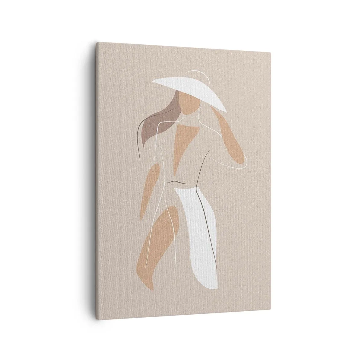 Obraz na płótnie - Minimalistyczna sylwetka kobiety w białym kapeluszu na beżowym tle - 50x70cm - Moda to zabawa - Nowoczesna dekoracja ścienna do salonu, kuchni i sypialni ARTTOR