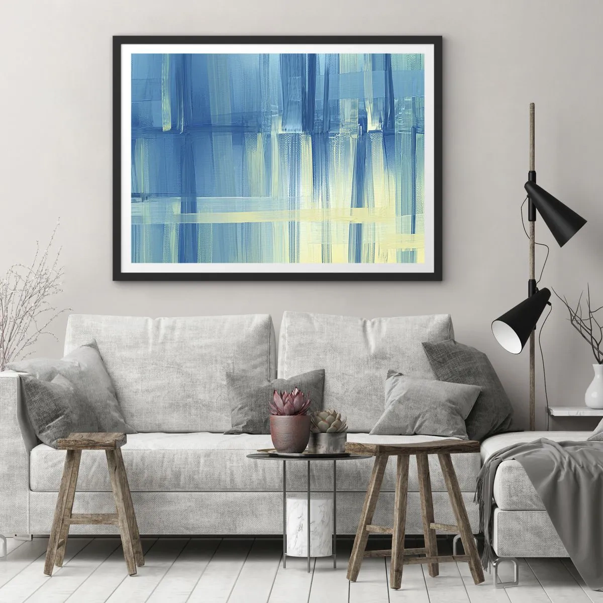 Plakat w czarnej ramie - Abstrakcyjny obraz w odcieniach turkusu i błękitu z geometrycznymi pociągnięciami pędzla - 70x50cm - Kompozycja w turkusie - Nowoczesna dekoracja ścienna do salonu i sypialni ARTTOR