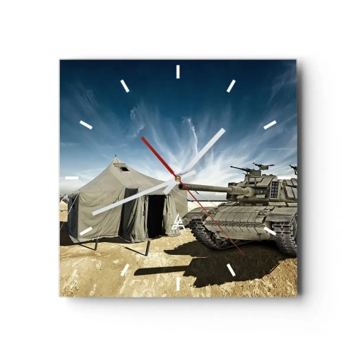 Zegar ścienny - Czołg obok wojskowego namiotu na pustynnym terenie - 30x30cm - Militarny sen - Nowoczesna dekoracja ścienna do salonu i sypialni ARTTOR
