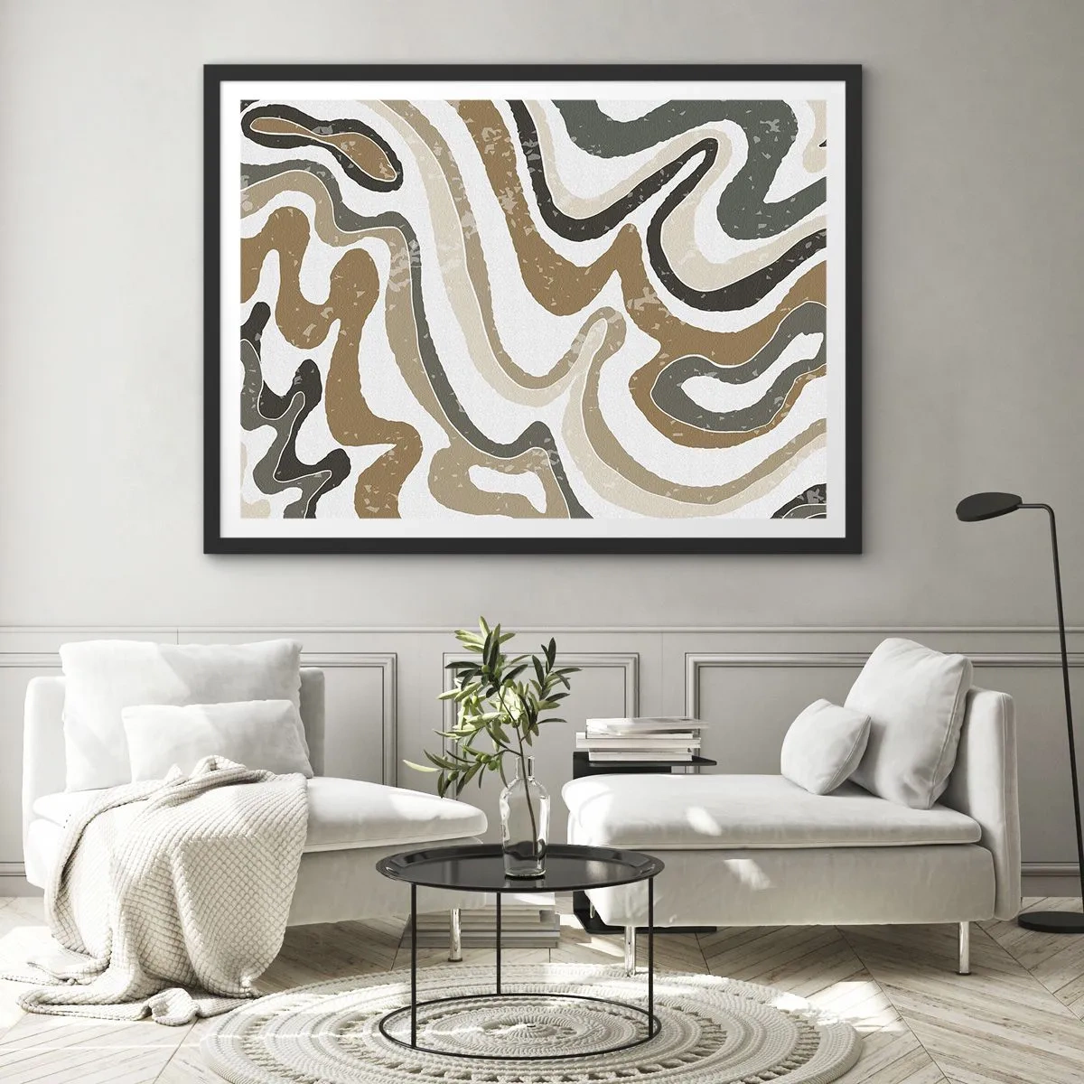 Plakat w czarnej ramie - Ziemiste wzory w odcieniach brązu i zieleni - 70x50cm - Meandry barw ziemi - Nowoczesna dekoracja ścienna do salonu i sypialni ARTTOR
