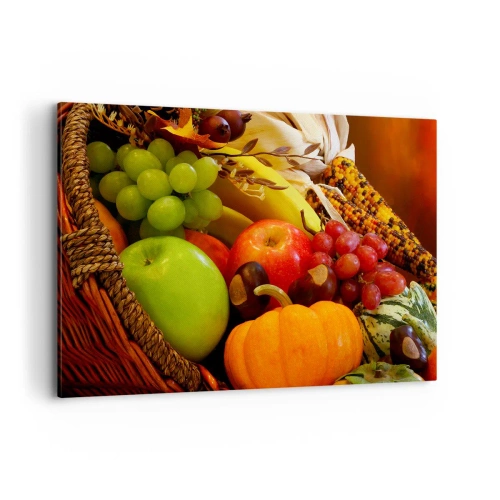 Obraz na płótnie - Kosz z owocami, dynią i kukurydzą na tle jesiennych barw - 120x80cm - Koszyk urodzaju - Nowoczesna dekoracja ścienna do salonu, kuchni i sypialni ARTTOR