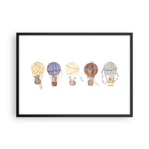 Plakat w czarnej ramie - Urocze zwierzęta w balonach na białym tle - 70x50cm - Przyjaciele w podróży - Nowoczesna dekoracja ścienna do salonu i sypialni ARTTOR