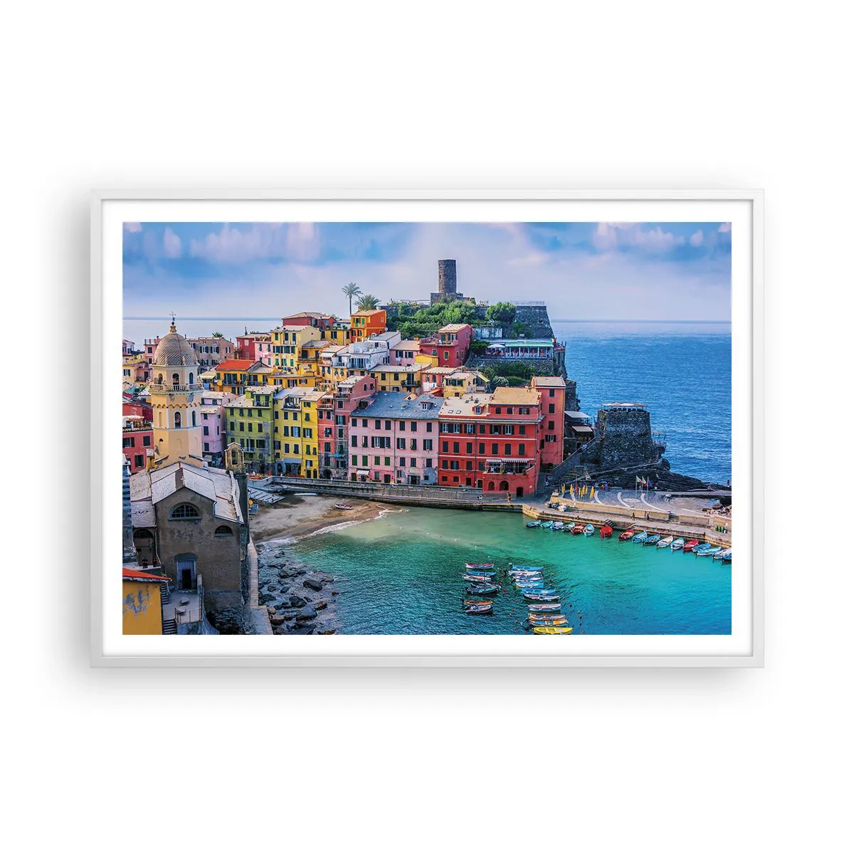 Plakat w białej ramie - Śródziemnomorskie magiczne miasteczko - 100x70 cm