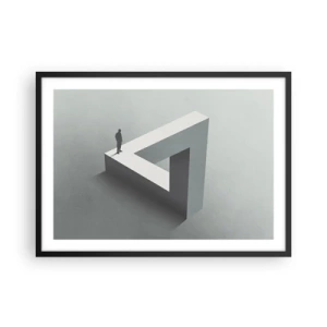 Plakat w czarnej ramie - Postać stojąca na trójkącie Penrose’a w szarościach - 70x50cm - A jednak możliwe - Nowoczesna dekoracja ścienna do salonu i sypialni ARTTOR