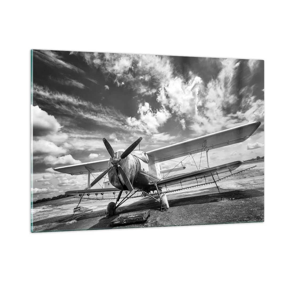 Obraz na szkle - Czarno-białe zdjęcie klasycznego samolotu dwupłatowego - 120x80cm - Nie mogę się doczekać! - Nowoczesna dekoracja ścienna do salonu, kuchni i sypialni ARTTOR